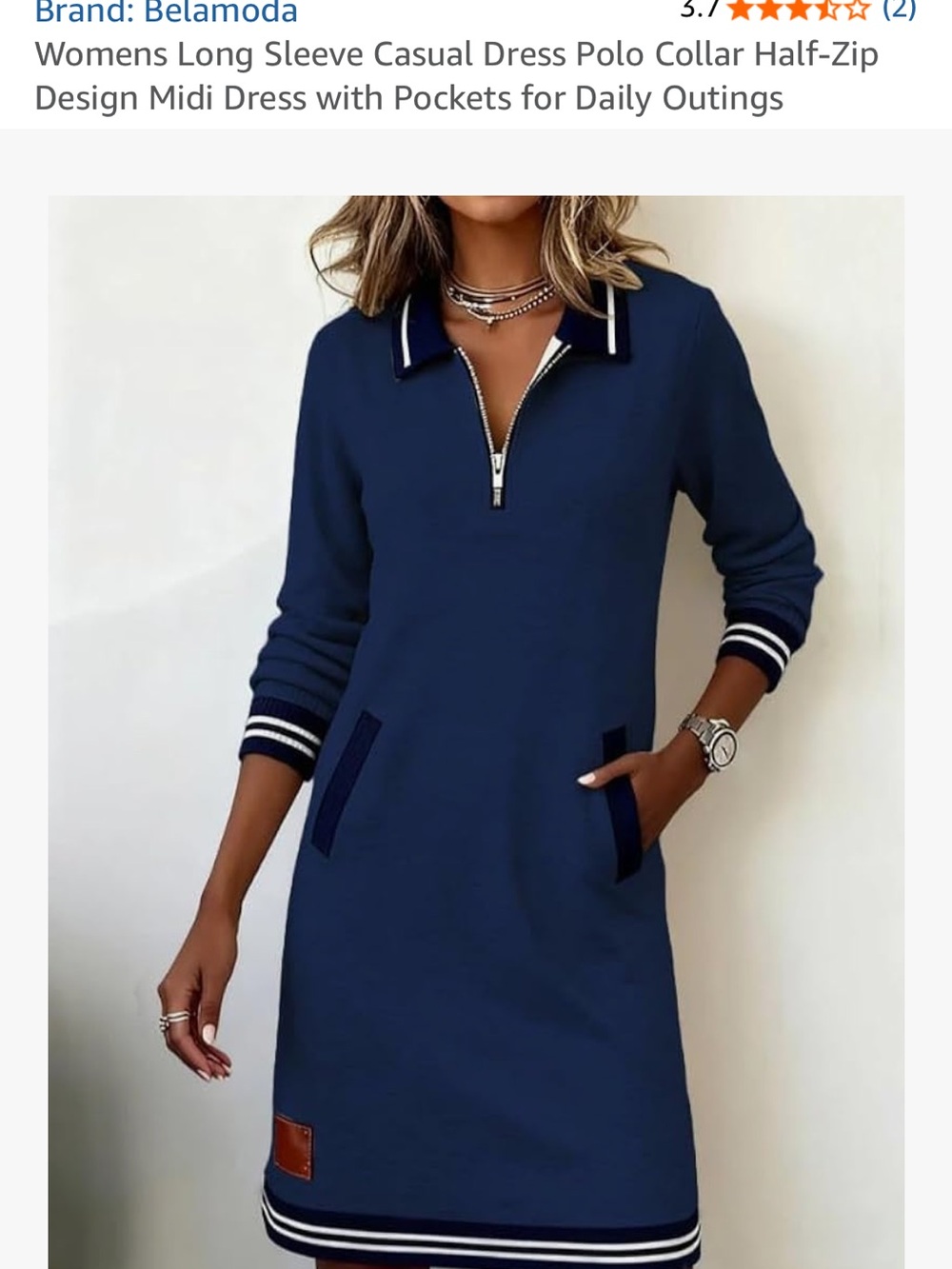 Navy Polo-Style Long Sleeve Midi Dress